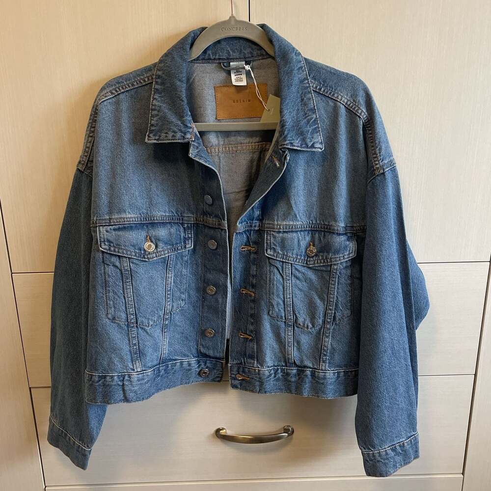 & Denim Relaxed Cropped Oversized Denim Jacket in Mid Blue Wm Sz M